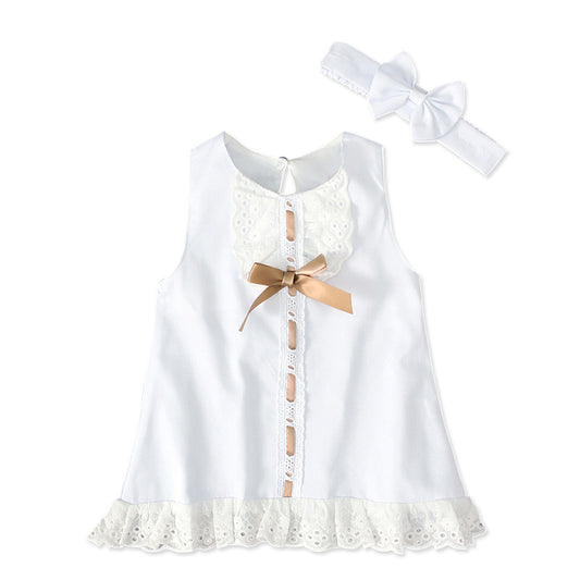 A-Line Sleeveless White Baby Dress with Cute Bow & Headband Set, age: 6 -24 months