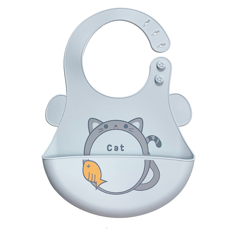 Silicone Bib for Babies and Toddlers featuring Adorable Animals on Pastel Colours Baby blue kitty