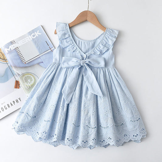 Light Blue Embroidered Full Skirt Dress with Bow Blue