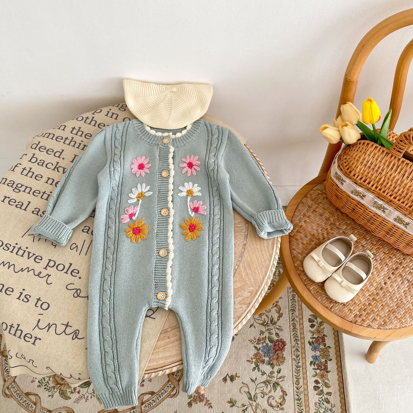 Boho Handmade Knitted Baby Onesie with Flowers Embroidery Gray Lake Blue