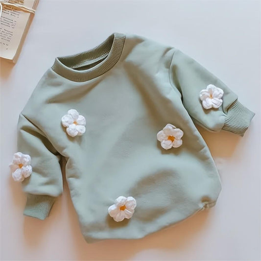 Long sleeve Bodysuit Sweatshirt with 3D Clouds or Daisies Green & daisies