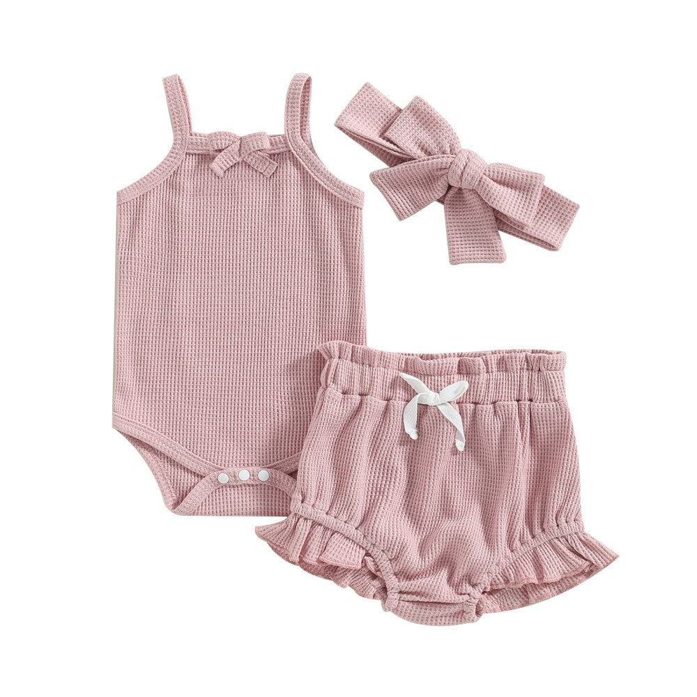 Vintage Style Baby Bodysuit, Shorts & Hairband Bow Set Dusty Pink