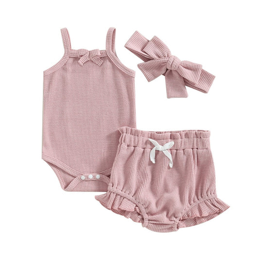 Vintage Style Baby Bodysuit, Shorts & Hairband Bow Set Dusty Pink