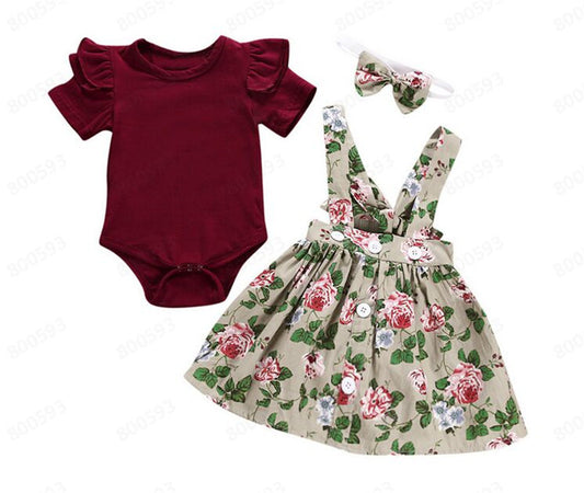 Baby Girl Floral Co-ord Set of Bodysuit, Skirt or Shorts & Hair band age: 3-24 months Khaki