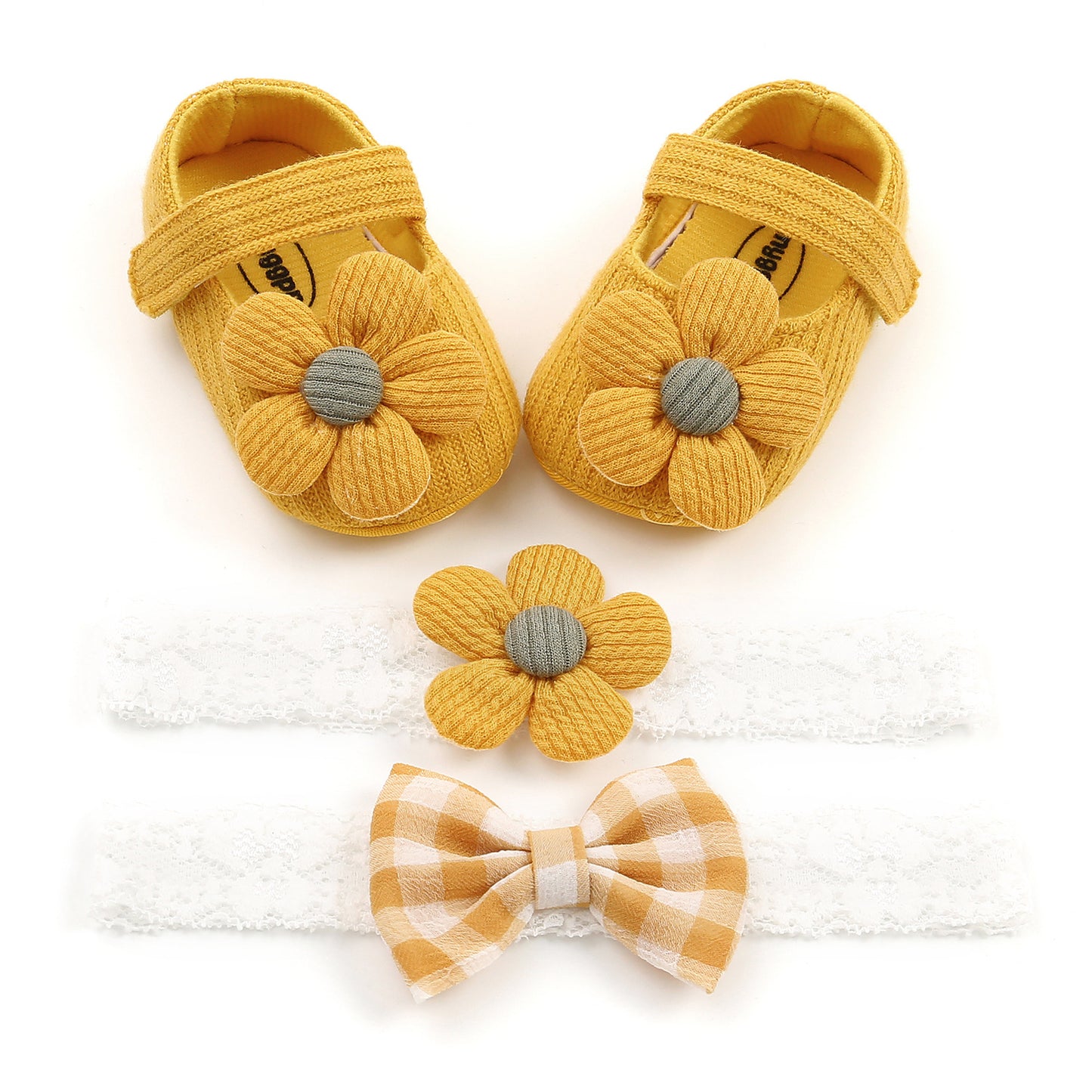 Daisy Design Baby Shoes and Matching Headband age: newborn- 18 months Yellow