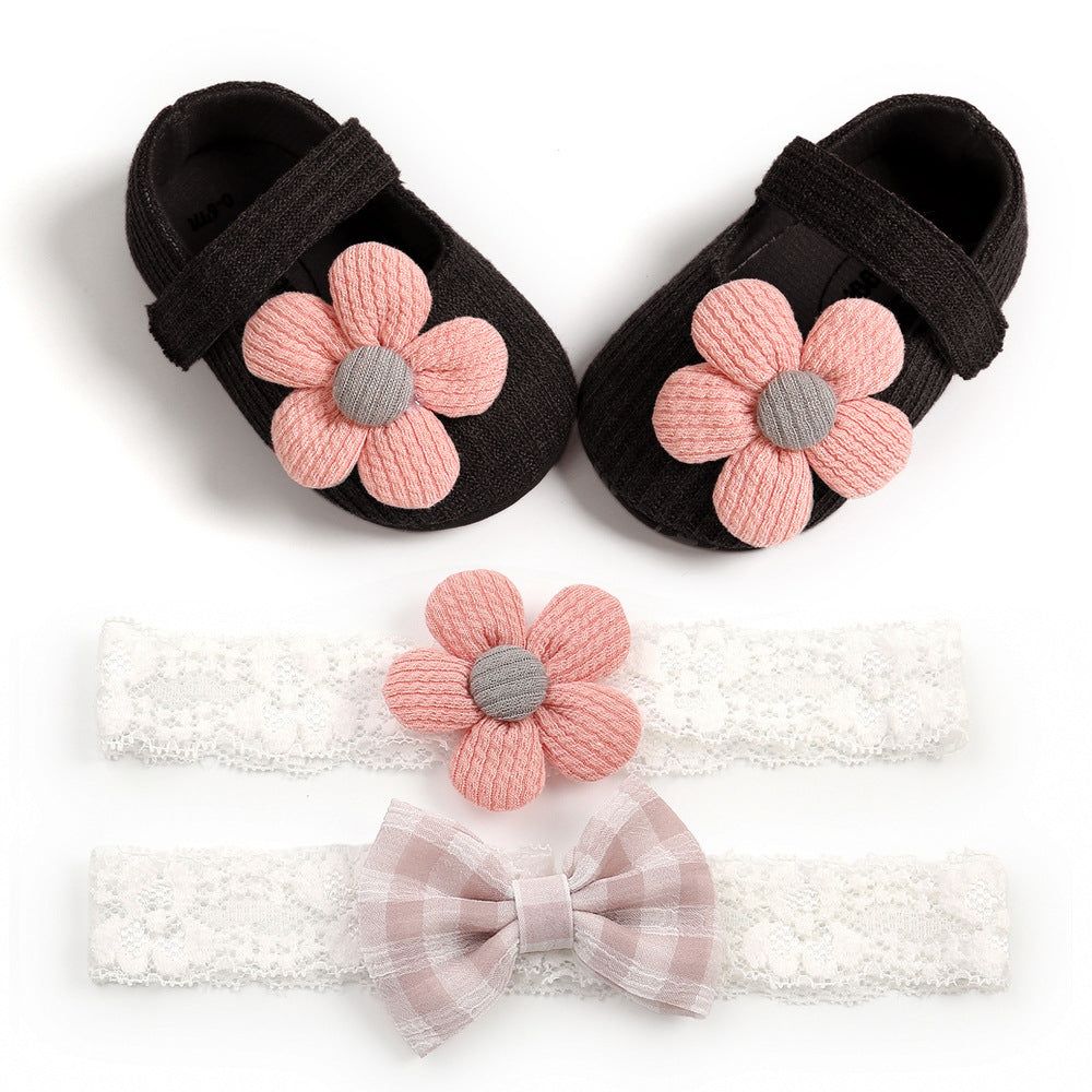 Daisy Design Baby Shoes and Matching Headband age: newborn- 18 months Black