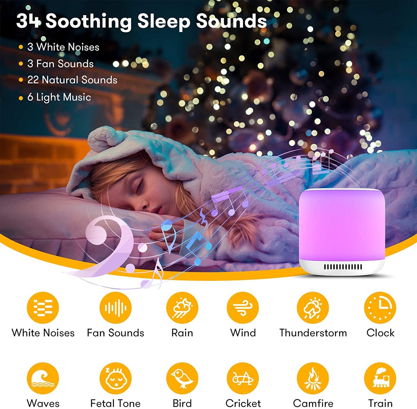 White Noise Sleep Device, 6 Light Colours -34 Sounds Selection