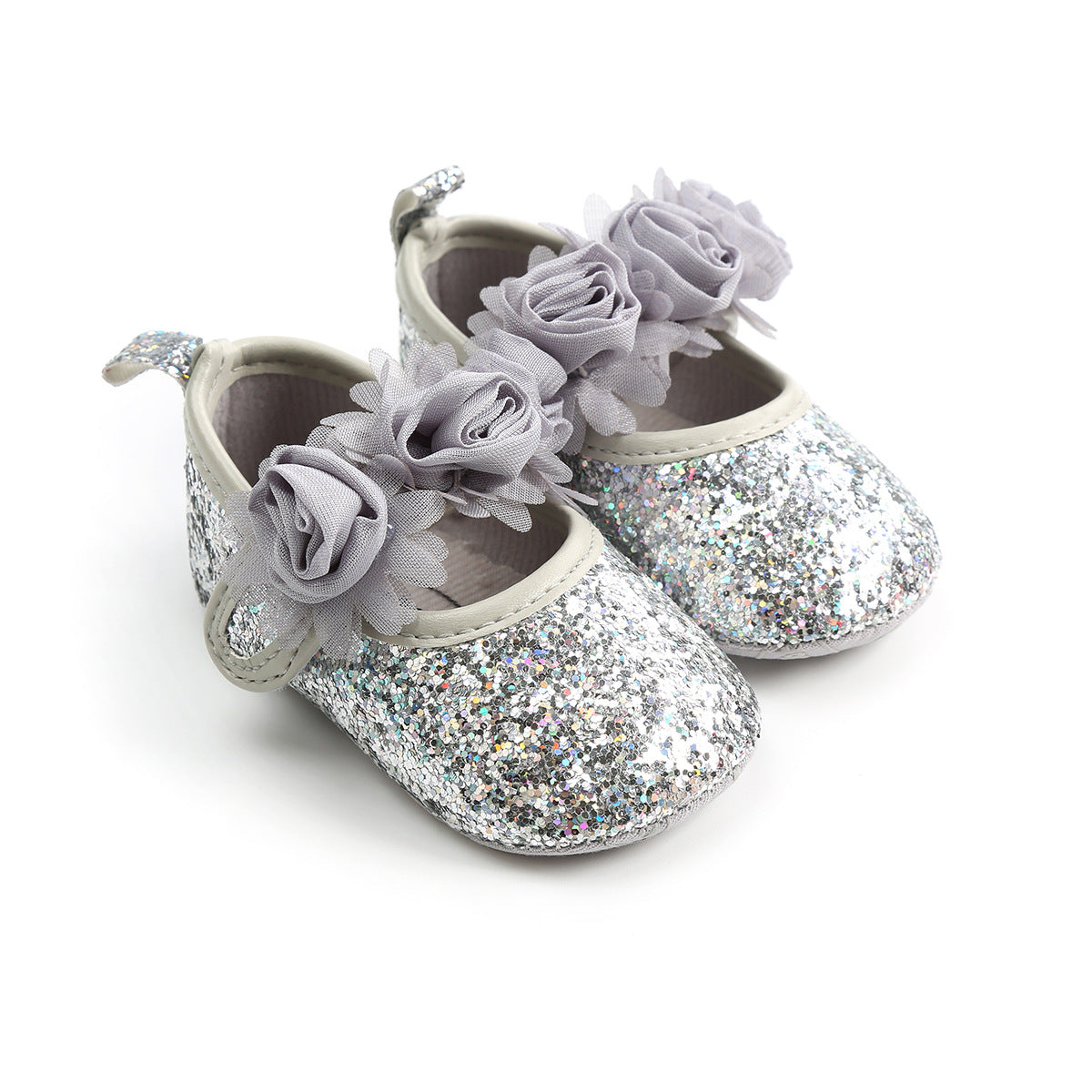 Baby Girl Pre-Walking Shoes With Roses Design Velcro Straps Silver