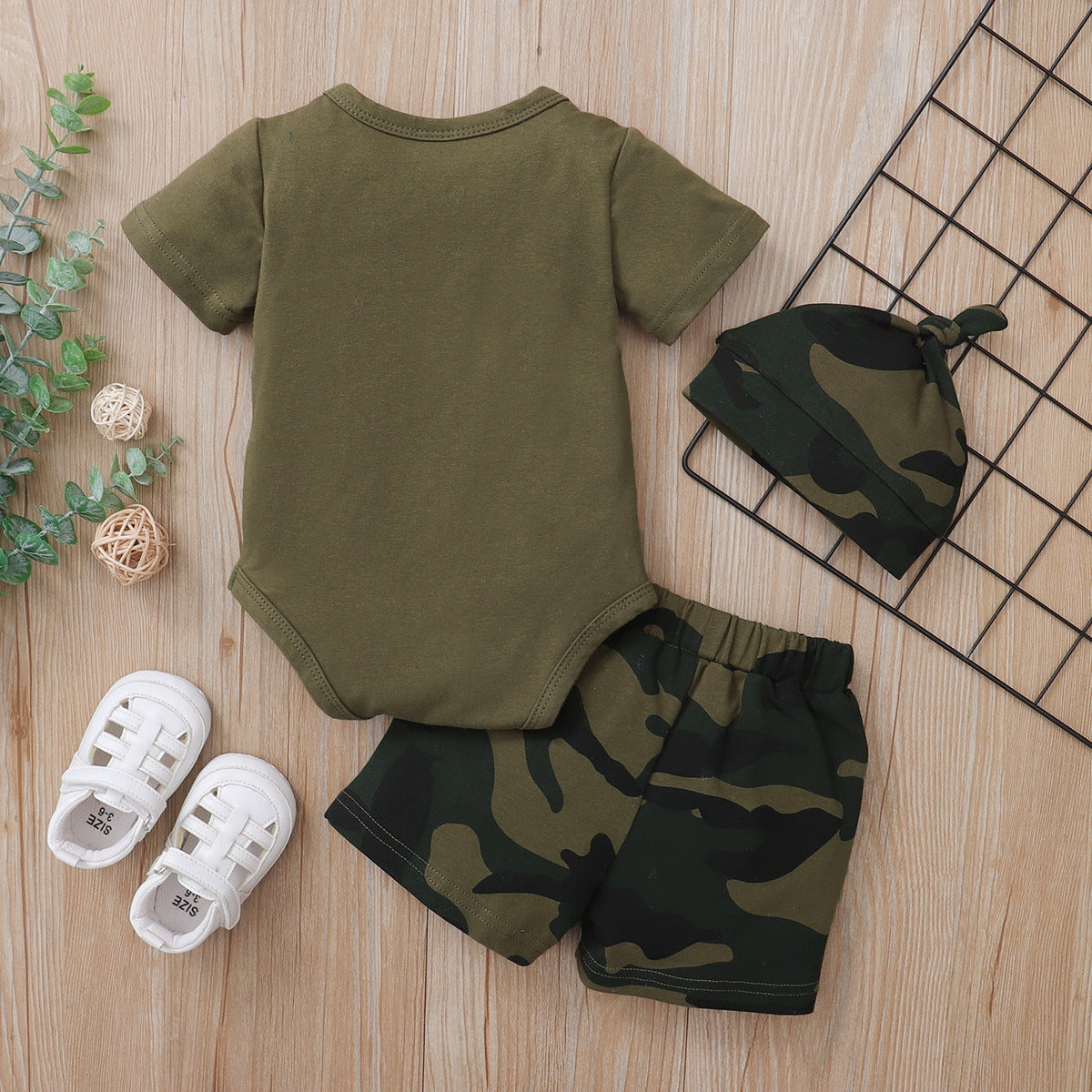 Summer Set, Army Green T-Shirt, Camo Shorts & Hat (3pcs) age: 3-18 months