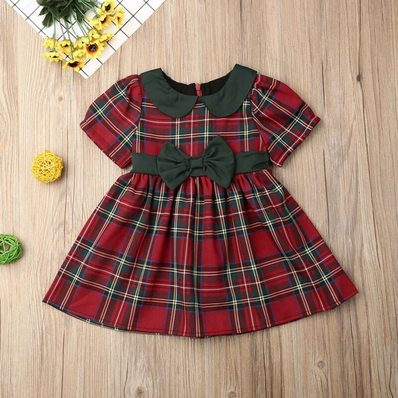 Classic Red Tartan Collar Dress featuring a Waist Bow - age: 6-36 months