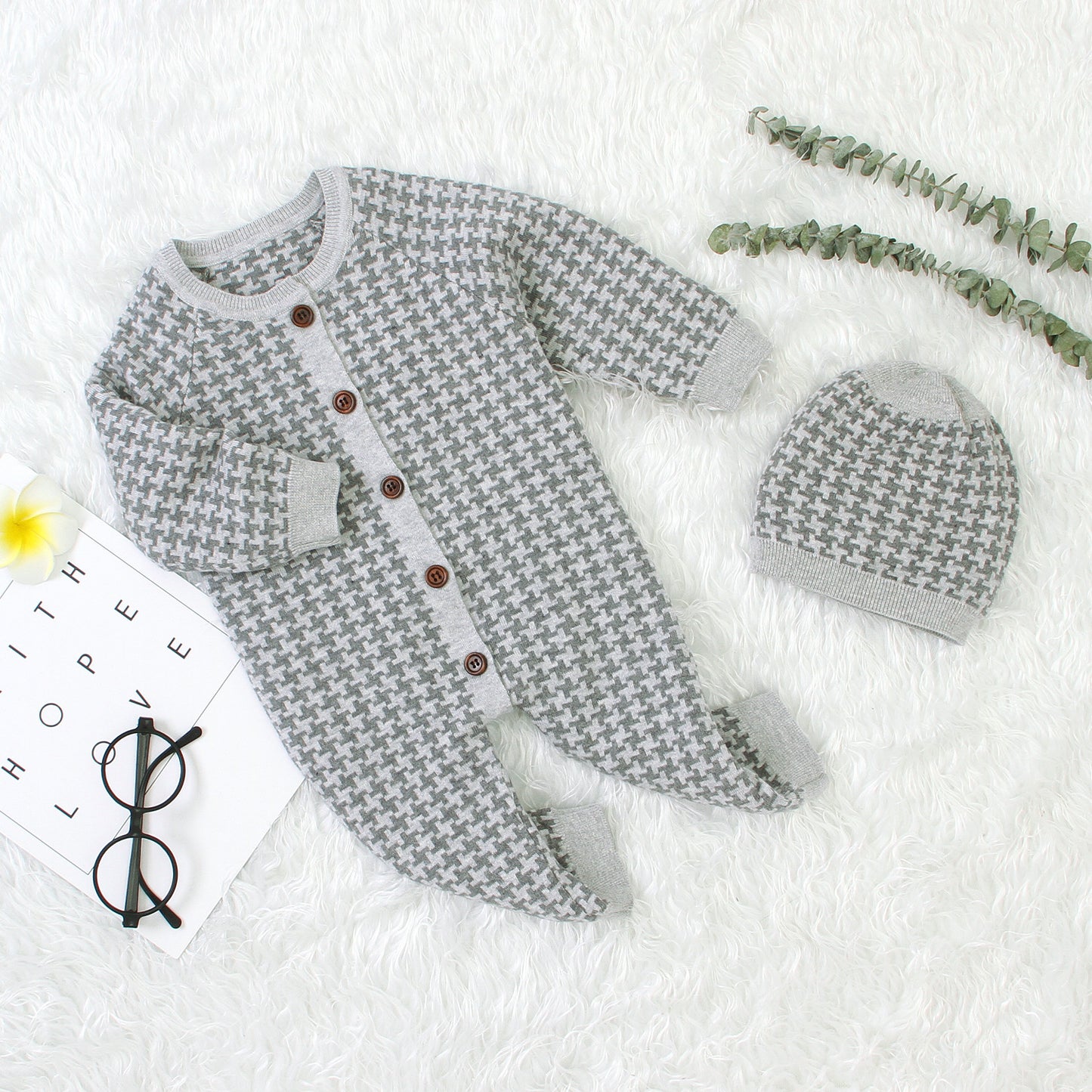 Houndstooth Knit Sweater Bodysuit & Beanie Hat Set - age: 3- 36 months Grey