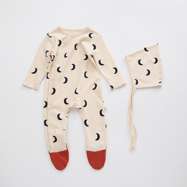 All Over Printed Bodysuit - Contrast Feet and Baby Bonnet Set (2pcs) Apricot crescent