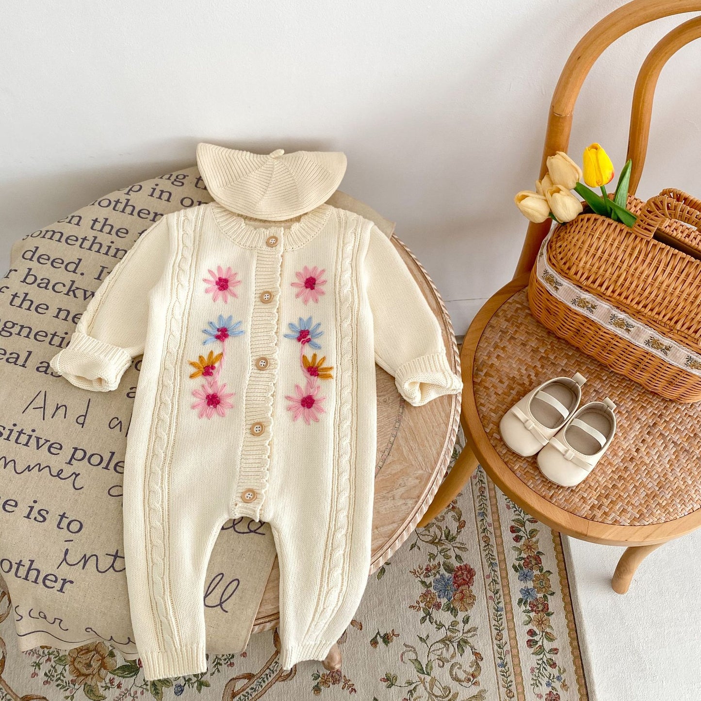 Boho Handmade Knitted Baby Onesie with Flowers Embroidery Apricot White