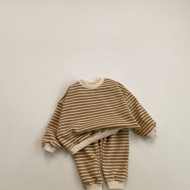 Striped Long Sleeved Sweatshirt & Trousers Sporty Set Brown