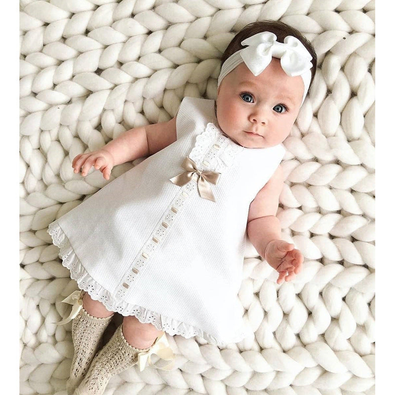 A-Line Sleeveless White Baby Dress with Cute Bow & Headband Set, age: 6 -24 months