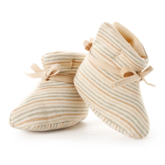 Pre Walking Baby Booties with little Bow in Neutral Colours Neutral lines - thick sole