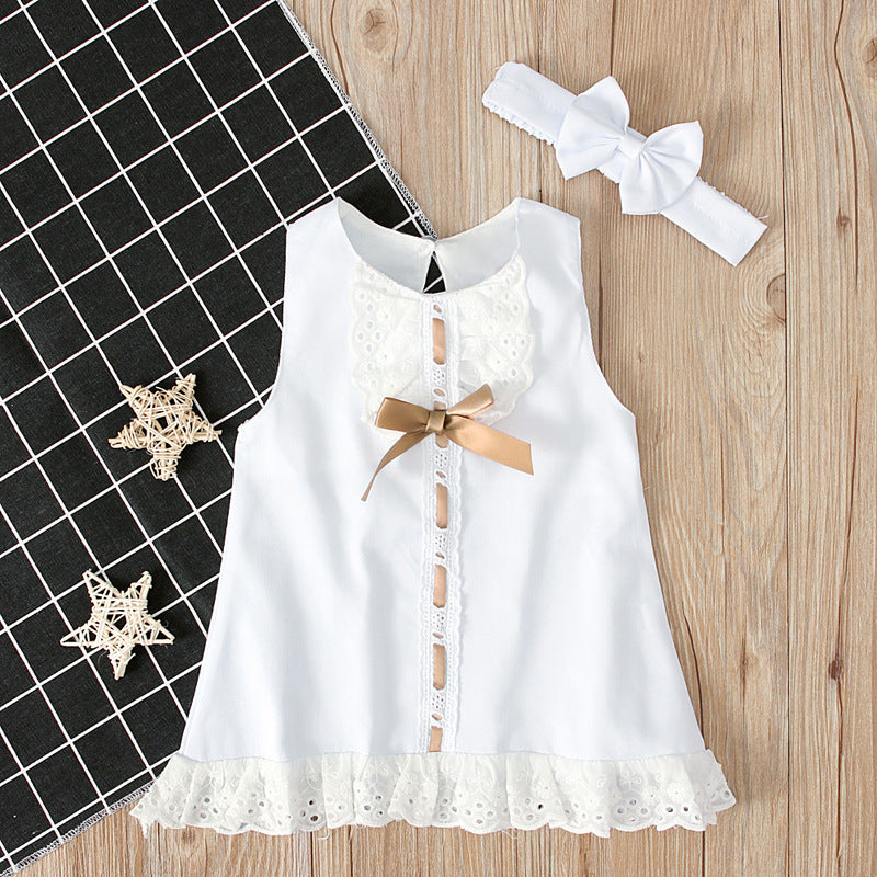 A-Line Sleeveless White Baby Dress with Cute Bow & Headband Set, age: 6 -24 months