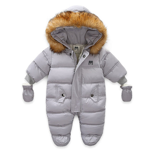 Quilted Single Zip Baby Snowsuit Jacket with Gloves Attached Grey