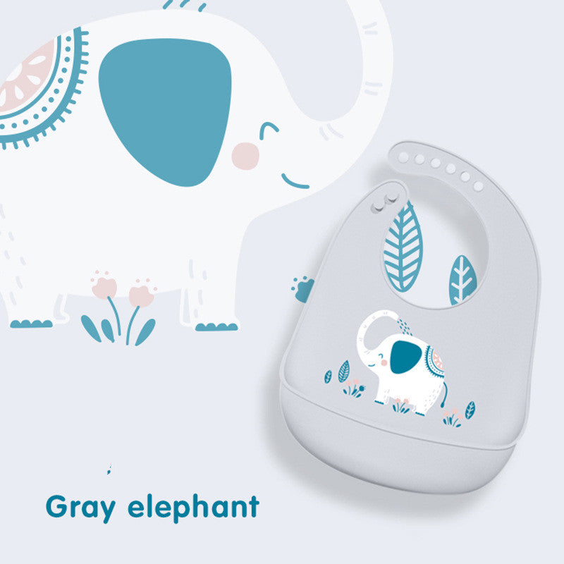 Silicone Bib for Babies and Toddlers featuring Adorable Animals on Pastel Colours Grey elephant