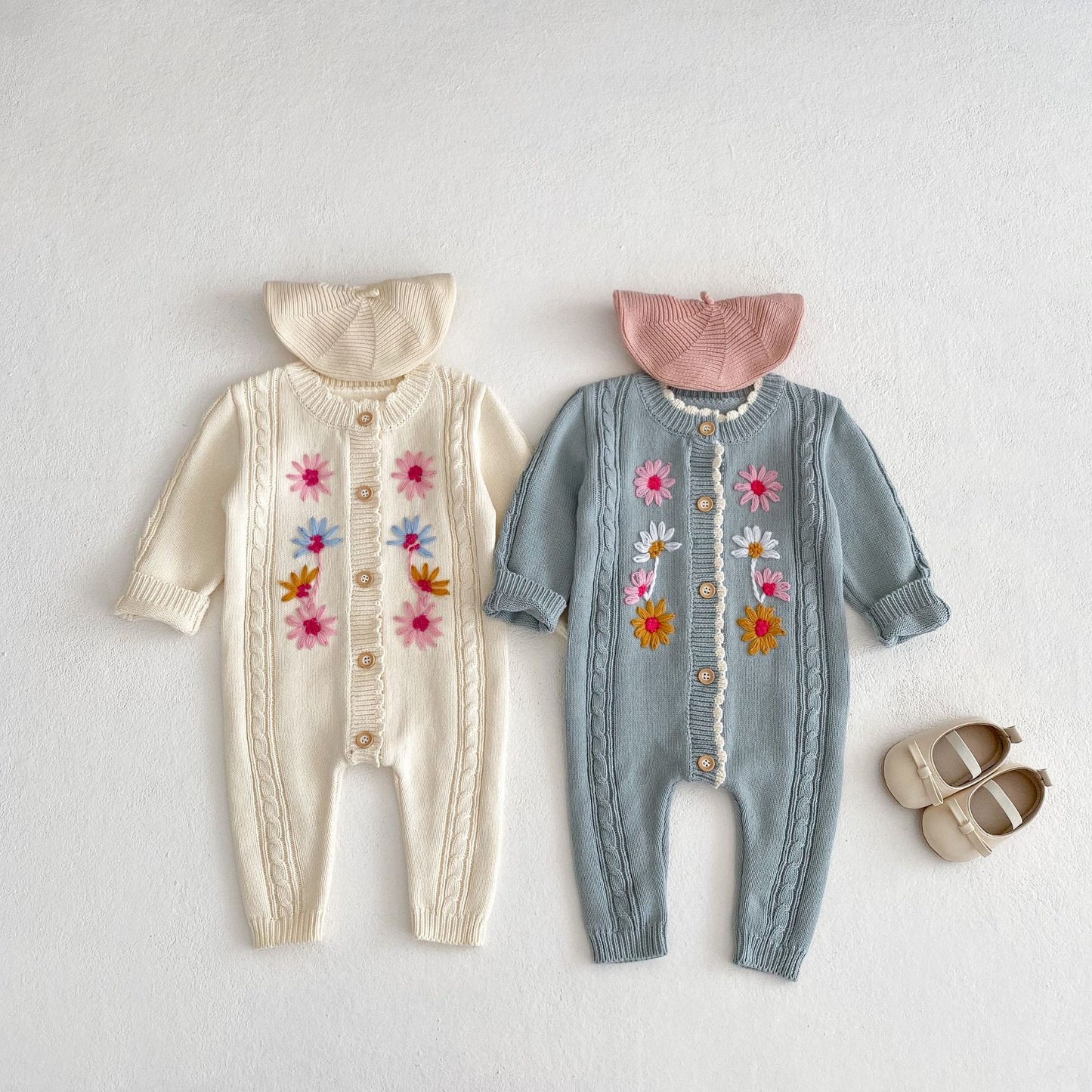 Boho Handmade Knitted Baby Onesie with Flowers Embroidery