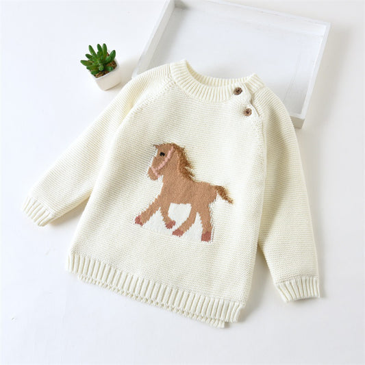 Thickened Soft Sweater with Horse's Embroidery for Children age: 1-8 years Cream Beige