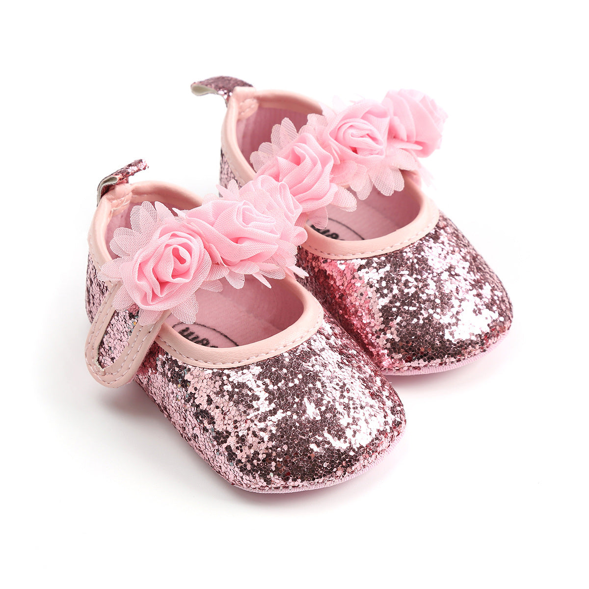 Baby Girl Pre-Walking Shoes With Roses Design Velcro Straps Pink