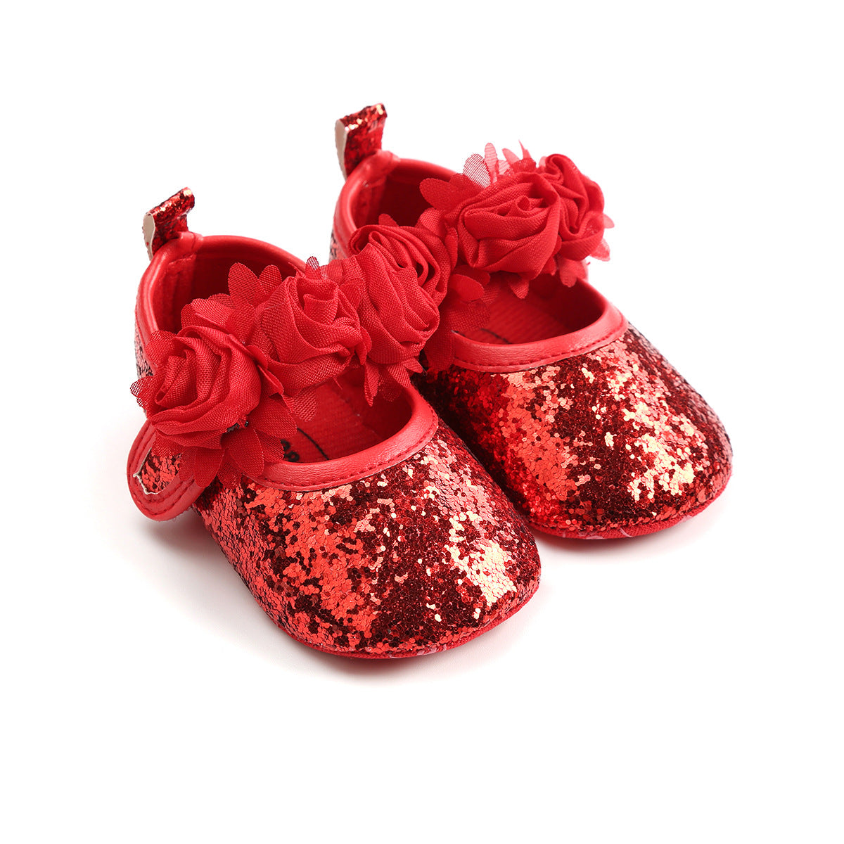 Baby Girl Pre-Walking Shoes With Roses Design Velcro Straps Red