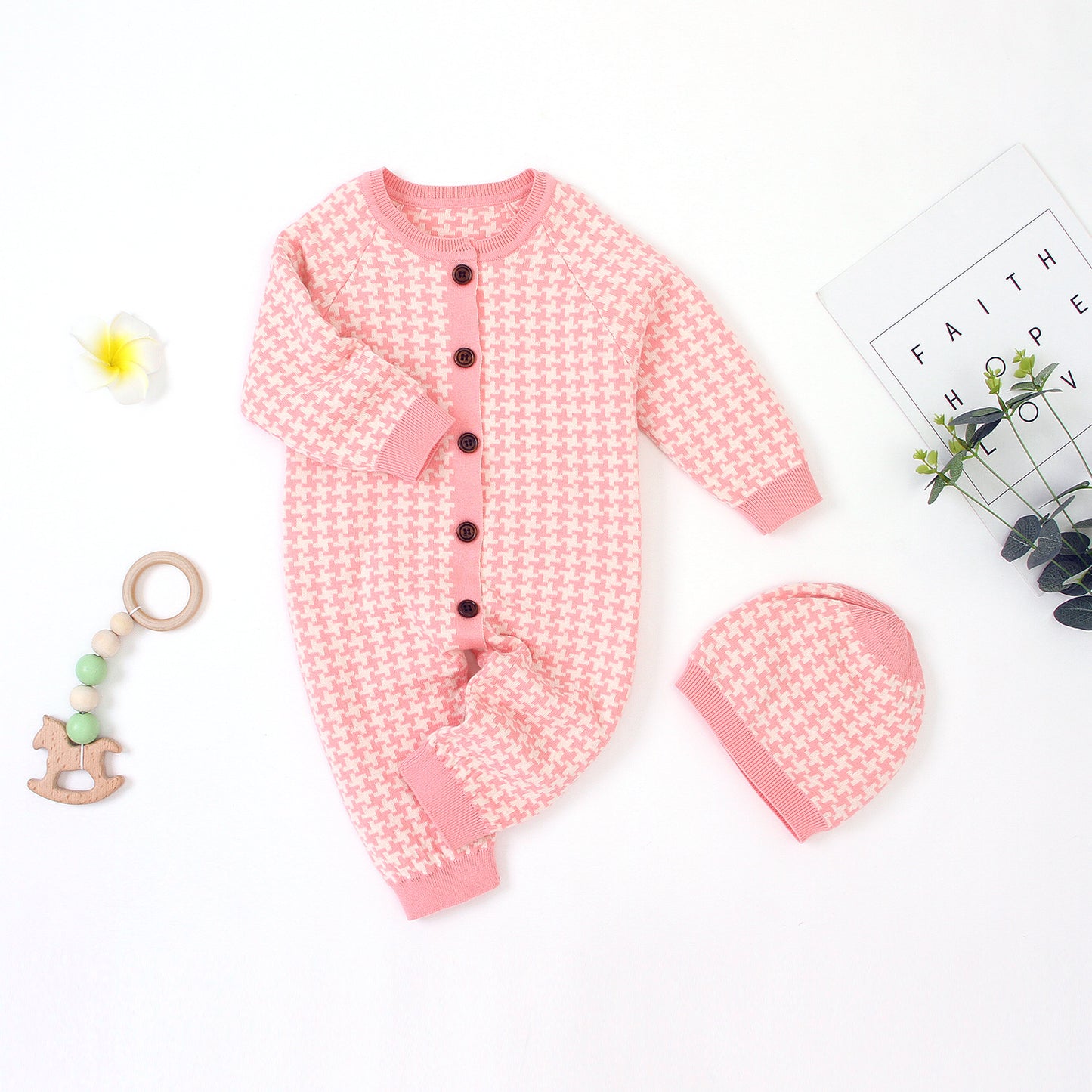 Houndstooth Knit Sweater Bodysuit & Beanie Hat Set - age: 3- 36 months Pink