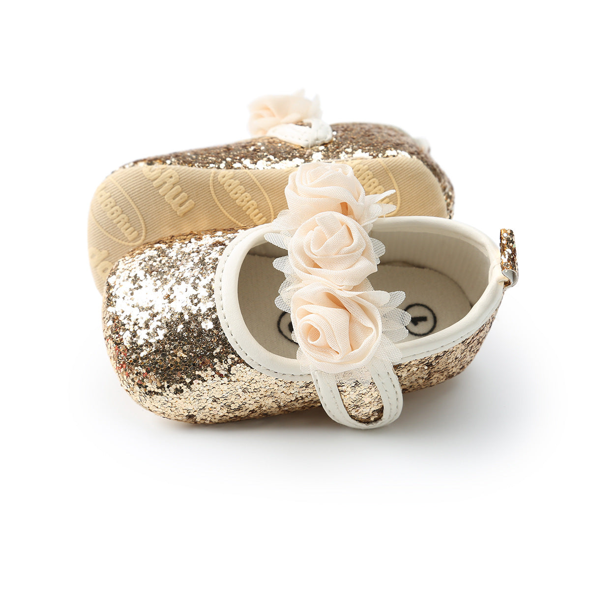 Baby Girl Pre-Walking Shoes With Roses Design Velcro Straps Gold