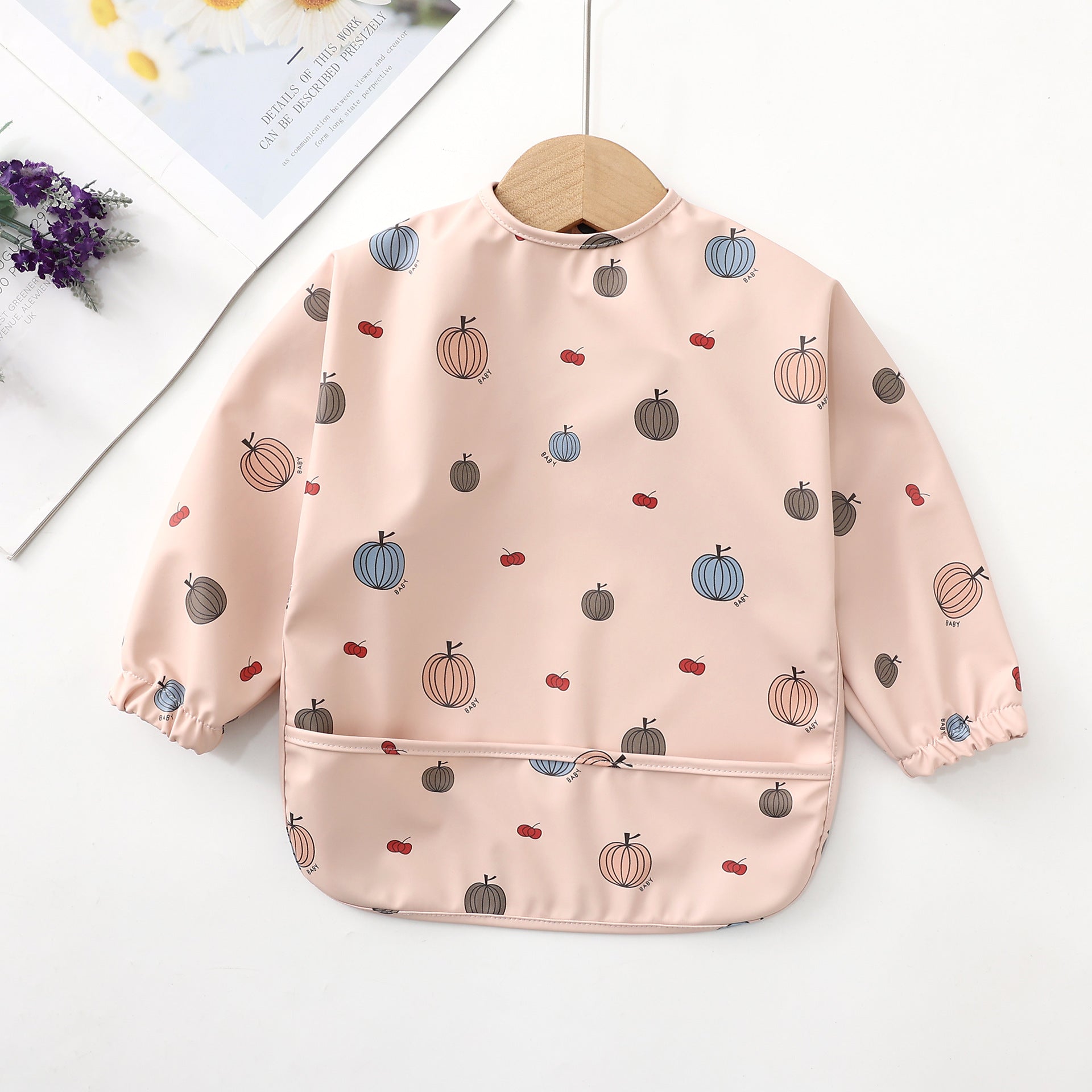 Recycled Minimal Style Bib, Long Sleeve Shirt, Waterproof Pink Pumpkin