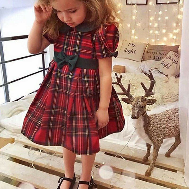 Classic Red Tartan Collar Dress featuring a Waist Bow - age: 6-36 months