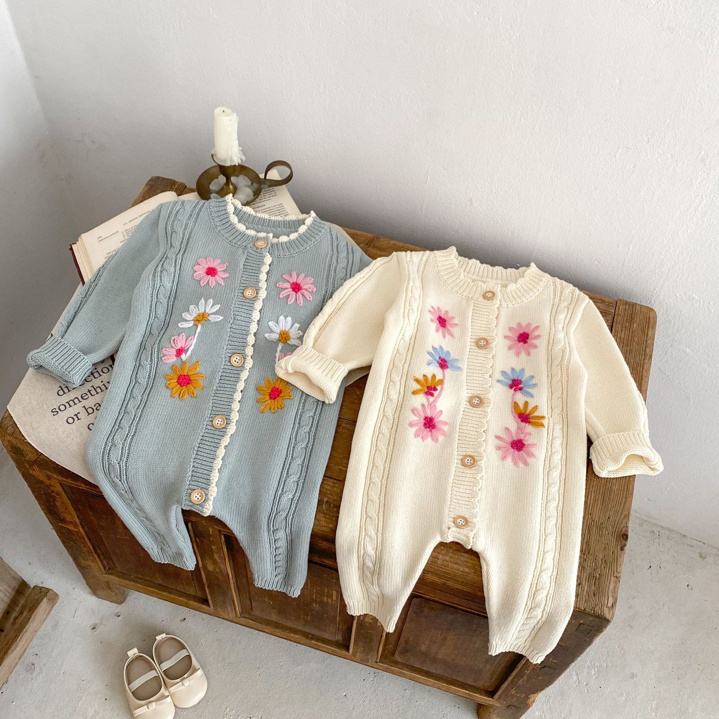 Boho Handmade Knitted Baby Onesie with Flowers Embroidery