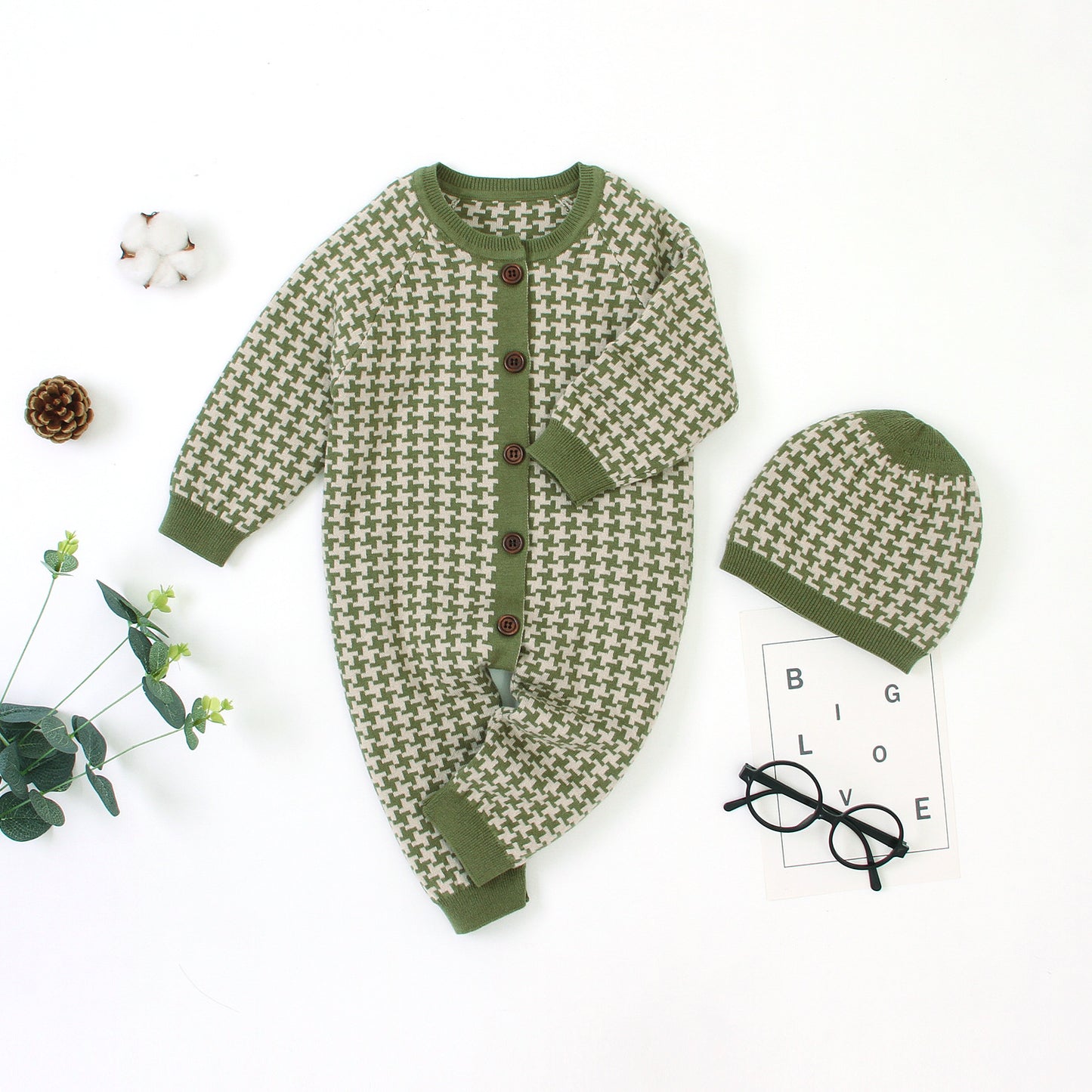 Houndstooth Knit Sweater Bodysuit & Beanie Hat Set - age: 3- 36 months Green