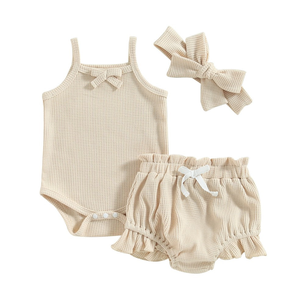 Vintage Style Baby Bodysuit, Shorts & Hairband Bow Set Poudre