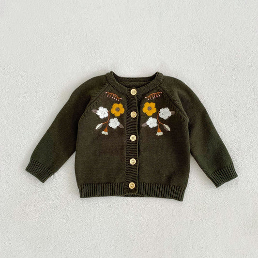 Knit Cardigan & Bonnet Set, Flowers Embroidery, Babies age: 0-12 months Dark olive flower embroidered cardigan