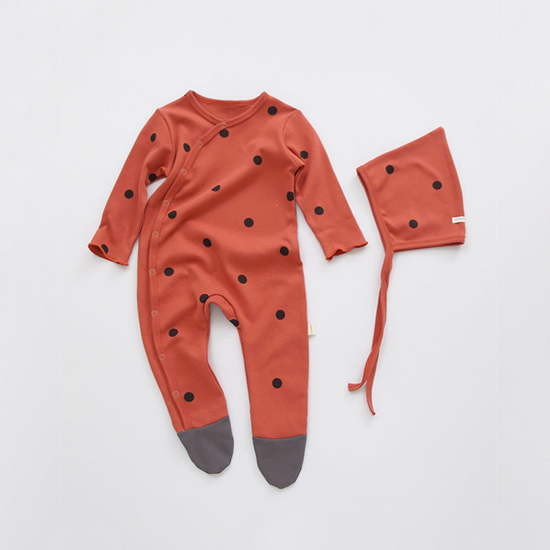 All Over Printed Bodysuit - Contrast Feet and Baby Bonnet Set (2pcs) Black dots on red