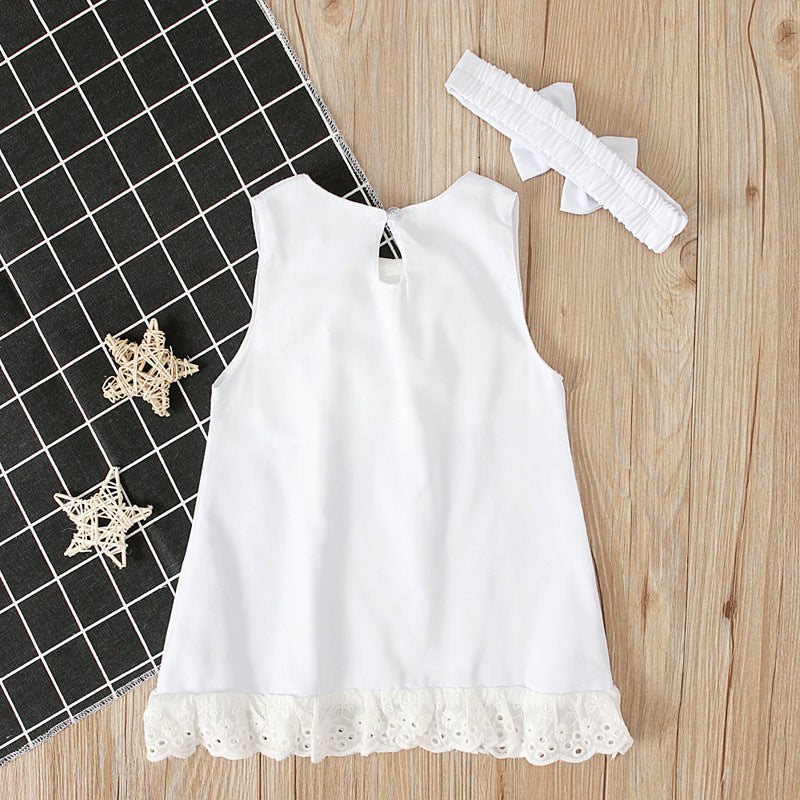 A-Line Sleeveless White Baby Dress with Cute Bow & Headband Set, age: 6 -24 months