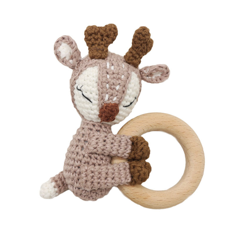 Handmade Crochet Baby Animals, Wooden Teether Elk