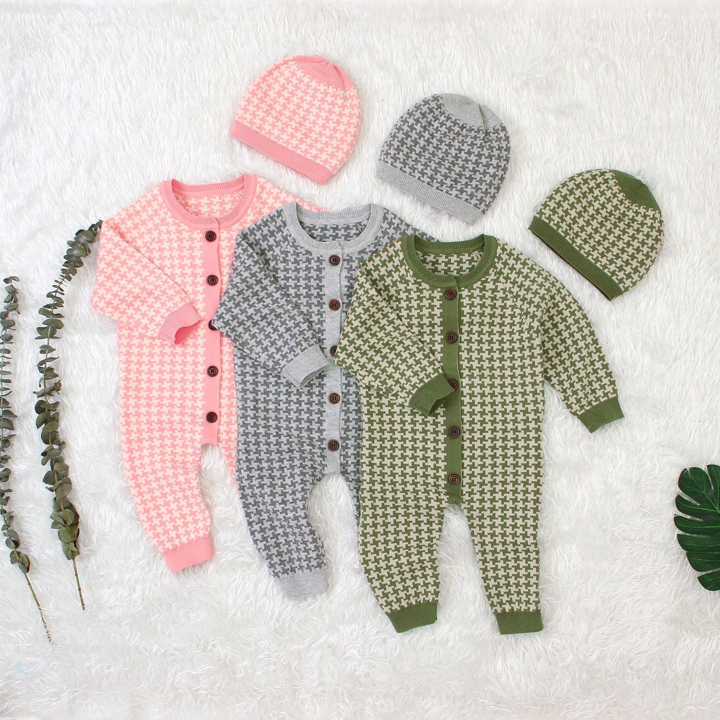 Houndstooth Knit Sweater Bodysuit & Beanie Hat Set - age: 3- 36 months