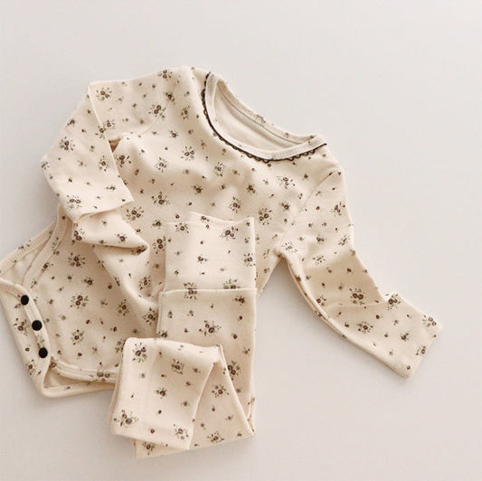 Long Sleeve Bodysuit and Leggings Set, Leaf Print - age:3-18 months Beige