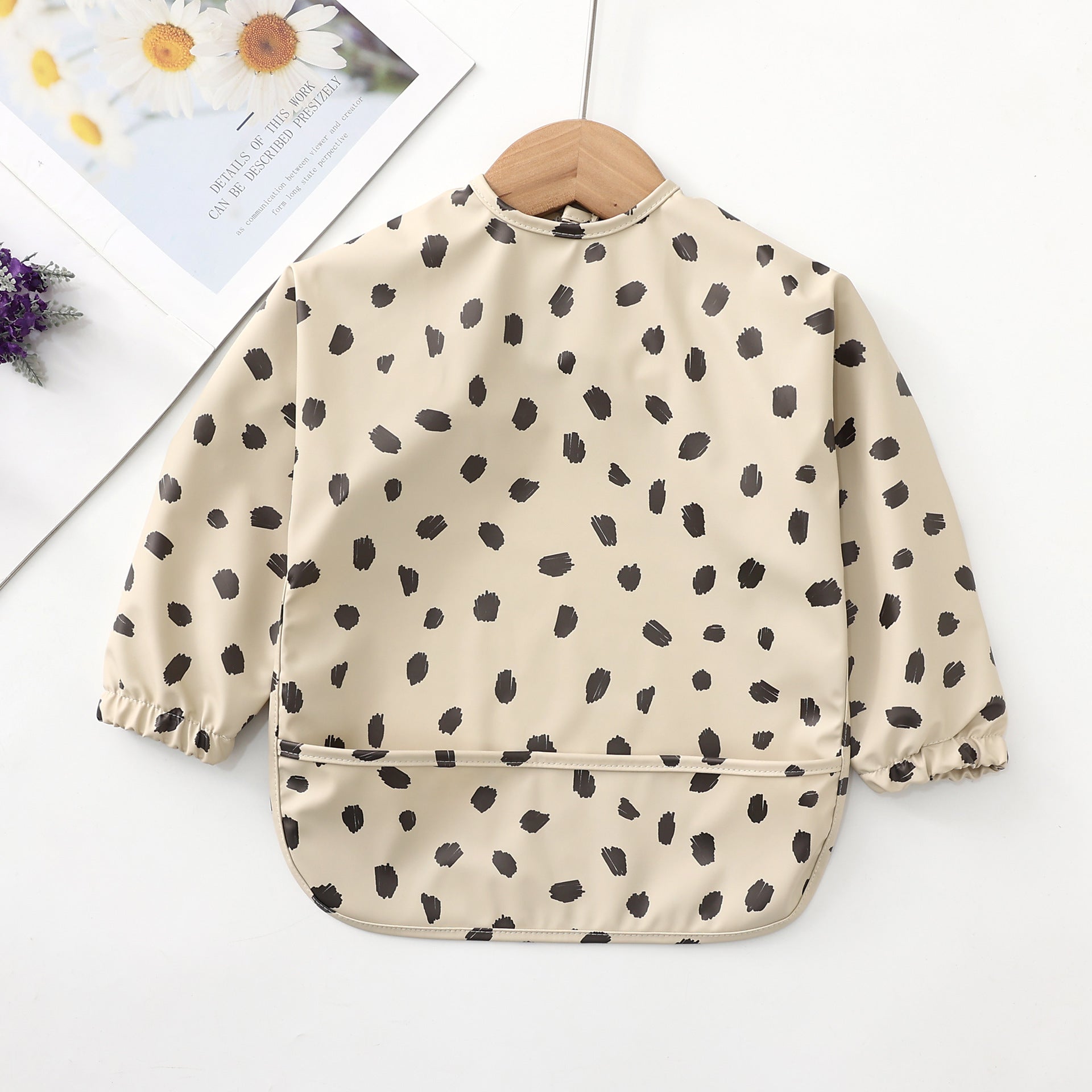 Recycled Minimal Style Bib, Long Sleeve Shirt, Waterproof Beige Black Dot