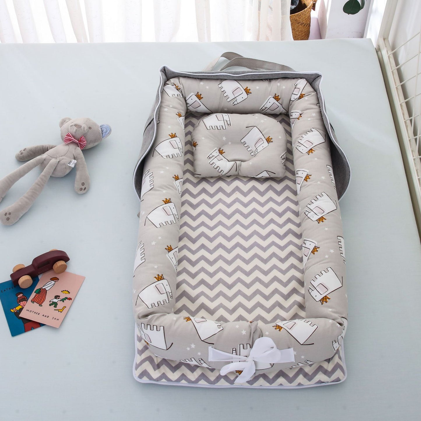 Foldable & Portable Baby Nest Bed Grey elephant