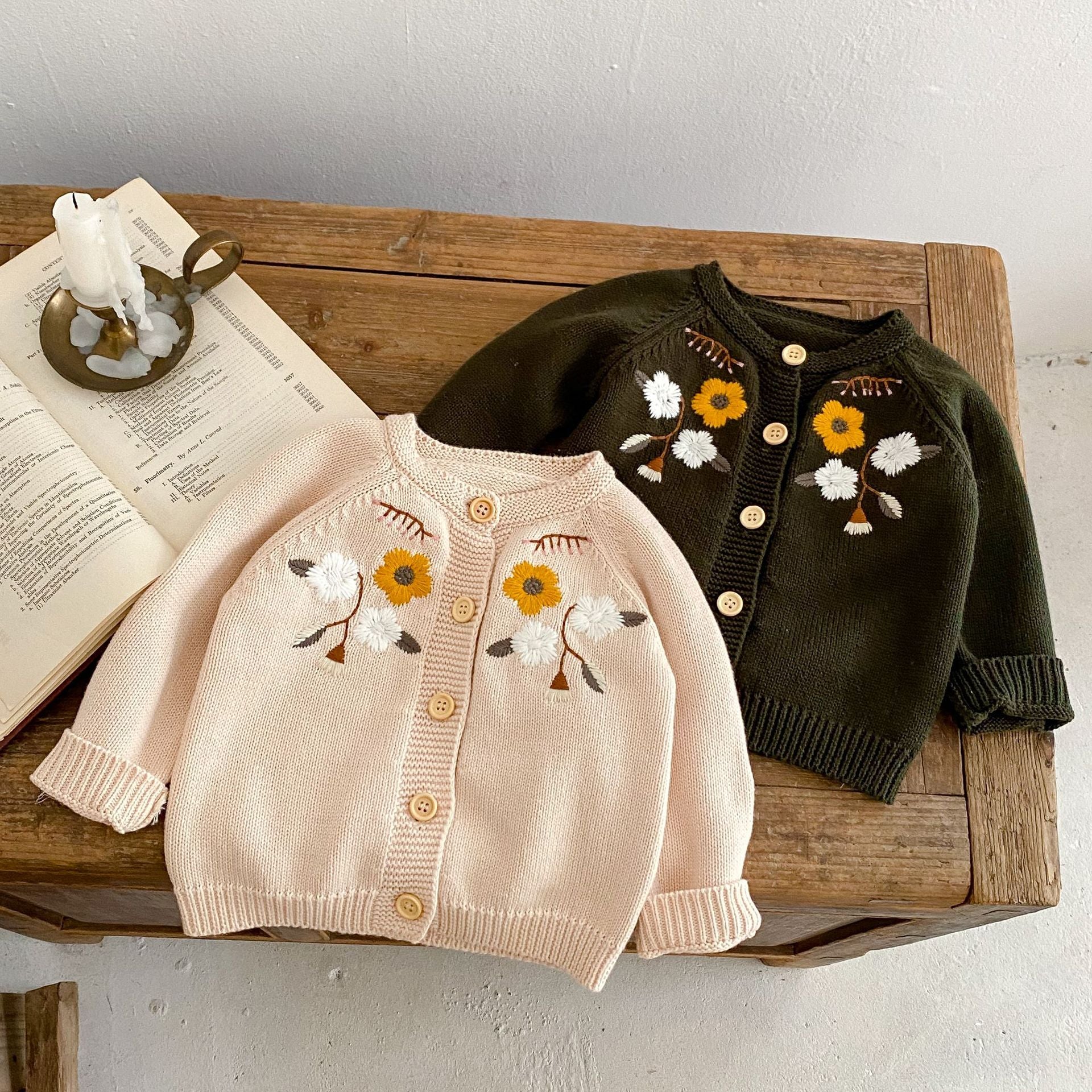 Knit Cardigan & Bonnet Set, Flowers Embroidery, Babies age: 0-12 months