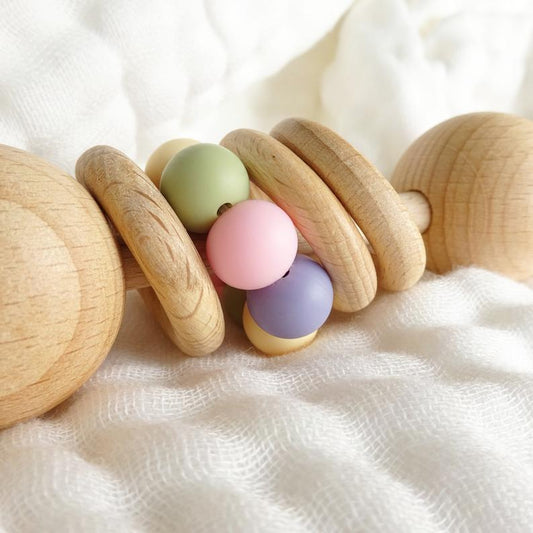 Beech Wood Rattle, Senses Toys, Hypoallergenic & Chewable, age: 3-18months Rattle style 2 pastel