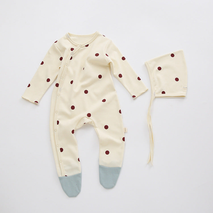 All Over Printed Bodysuit - Contrast Feet and Baby Bonnet Set (2pcs) Red dots on cream