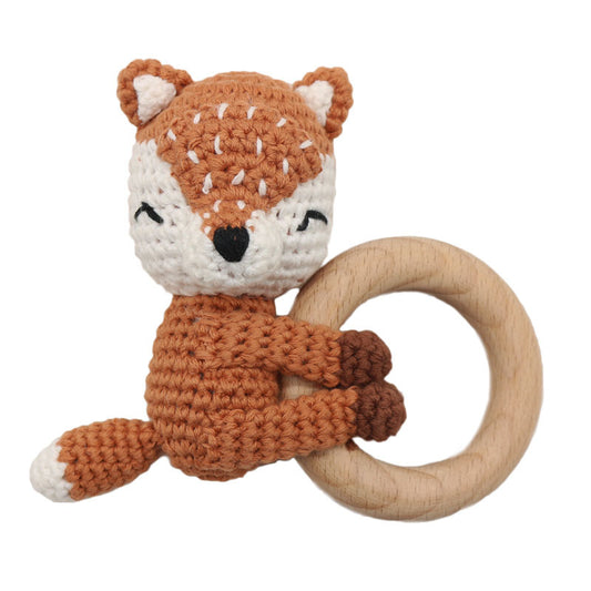 Handmade Crochet Baby Animals, Wooden Teether Fox