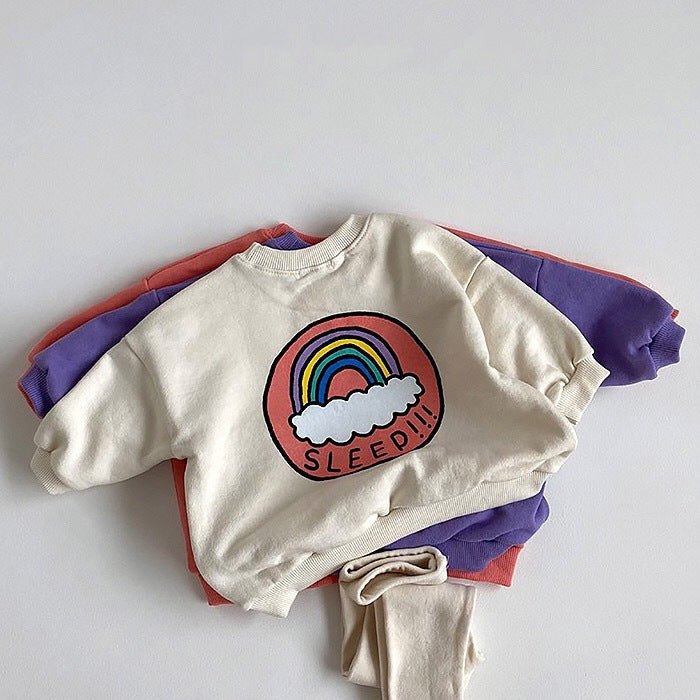 Sweatshirt with Colourful Rainbow Print and Cotton Leggings Cream Sweatshirt