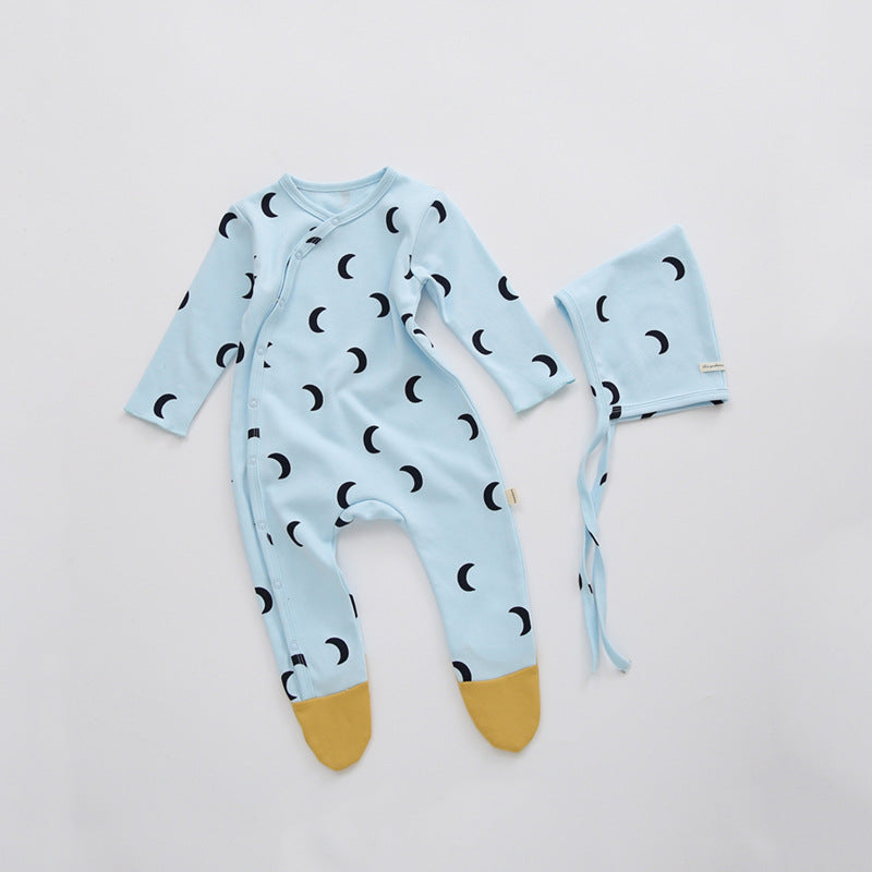 All Over Printed Bodysuit - Contrast Feet and Baby Bonnet Set (2pcs) Light blue crescent