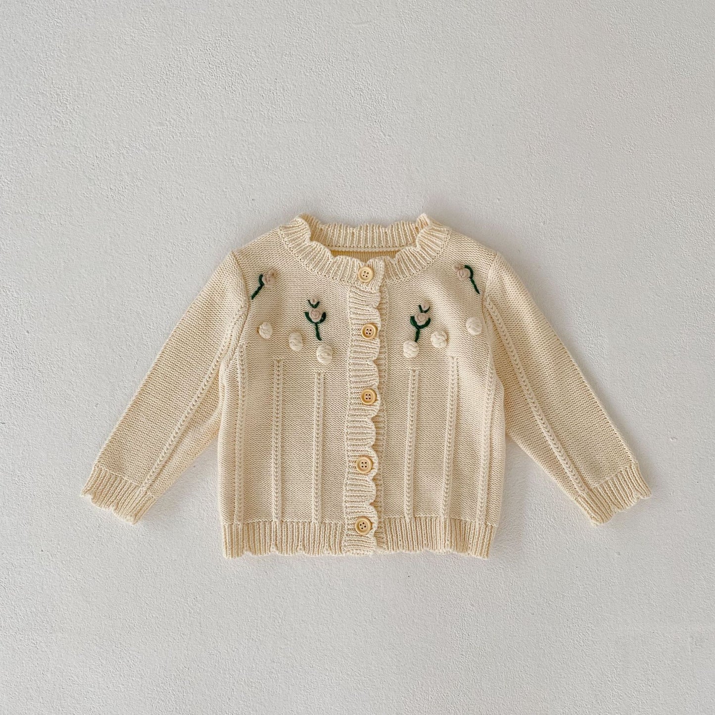 Knit Cardigan with Flowers Embroidery and Shorts Dungarees Cardigan in elegant beige