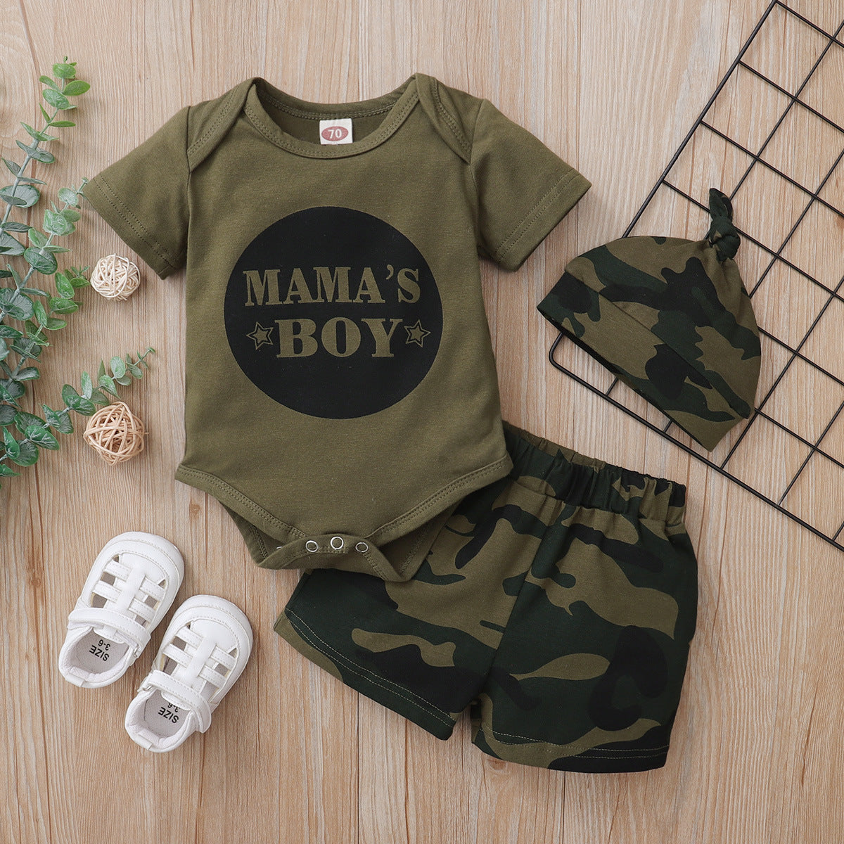 Summer Set, Army Green T-Shirt, Camo Shorts & Hat (3pcs) age: 3-18 months Army Green